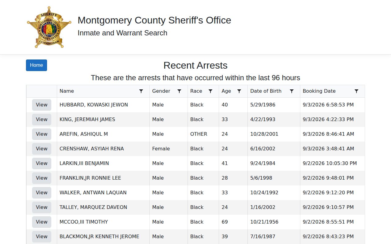 Montgomery County recent arrest interface used to check who was arrested today
