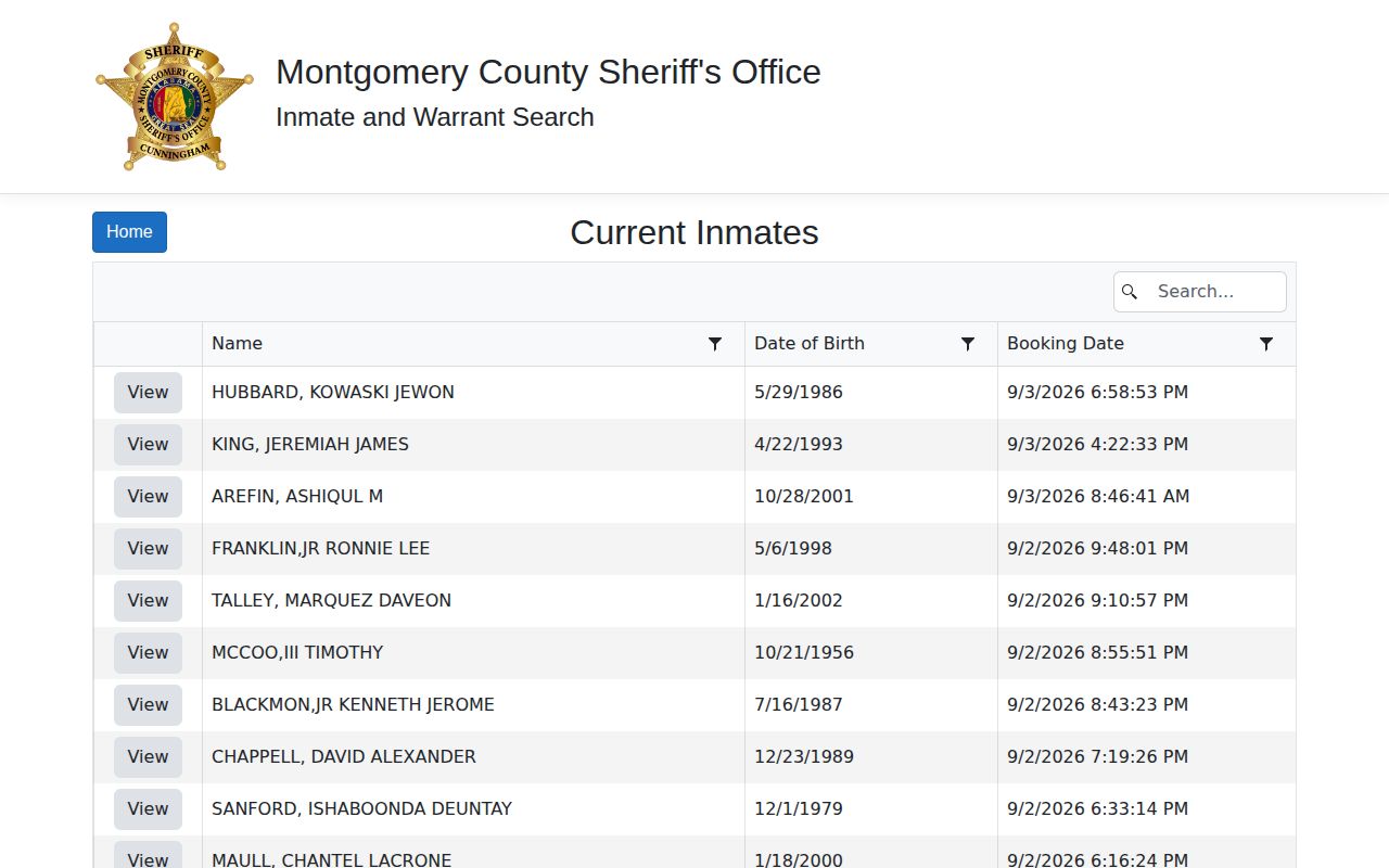 Montgomery County Sheriff Current Inmates search interface