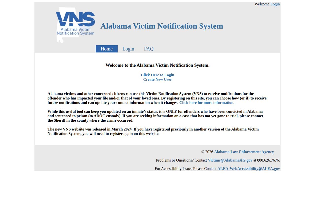 Montgomery County VINE arrest check showing Alabama VNS state prison notification portal