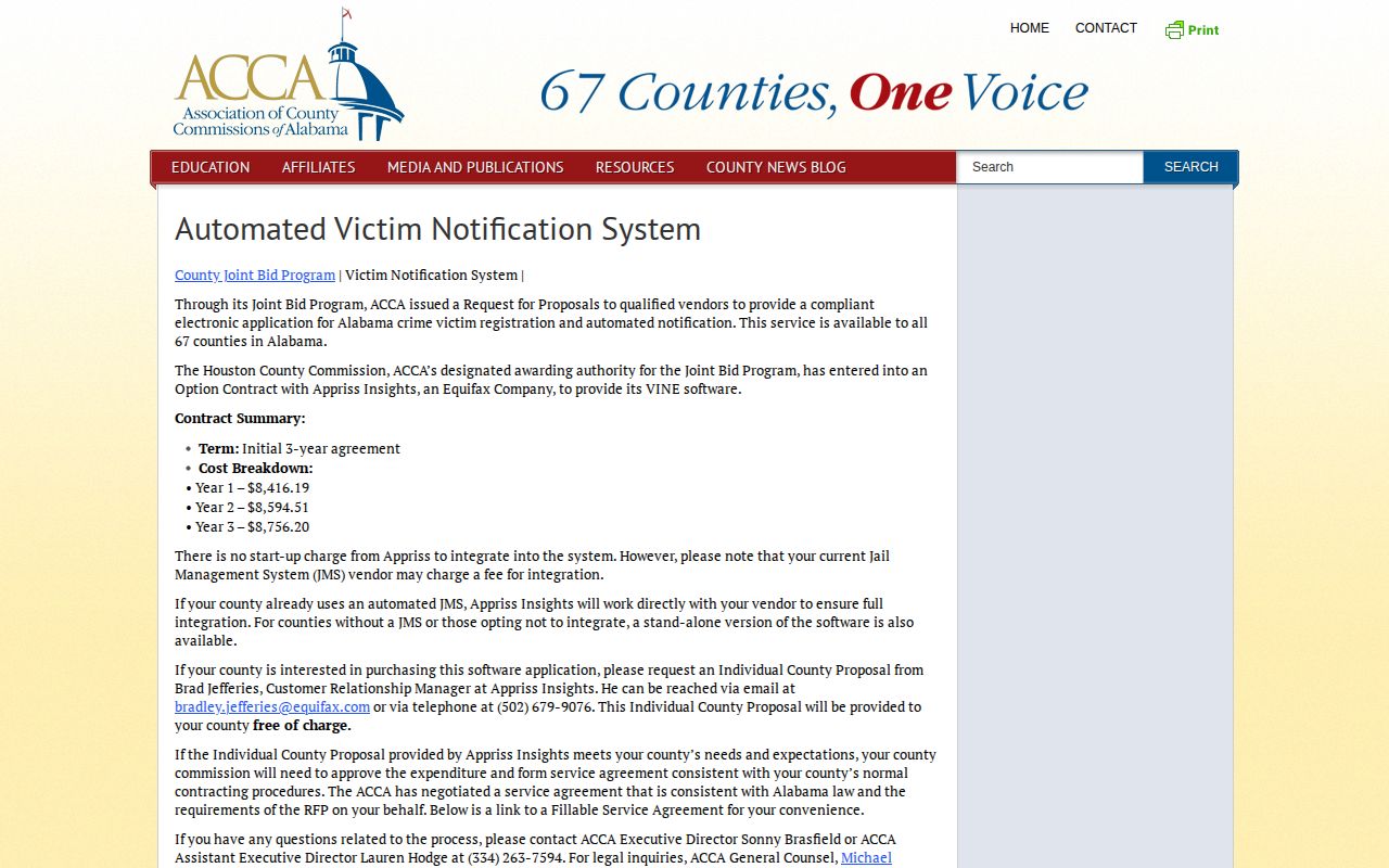 Montgomery County VINE arrest check showing Alabama county VINE participation policy
